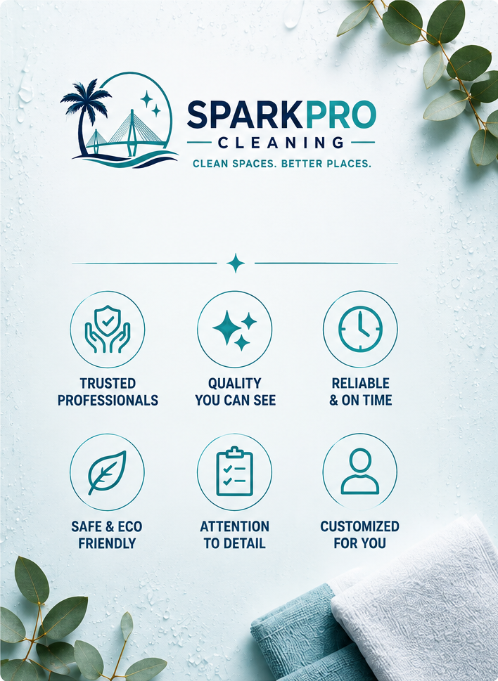 SparkPro Cleaning values including trusted professionals, quality service, reliability, eco-friendly cleaning, attention to detail, and customized service